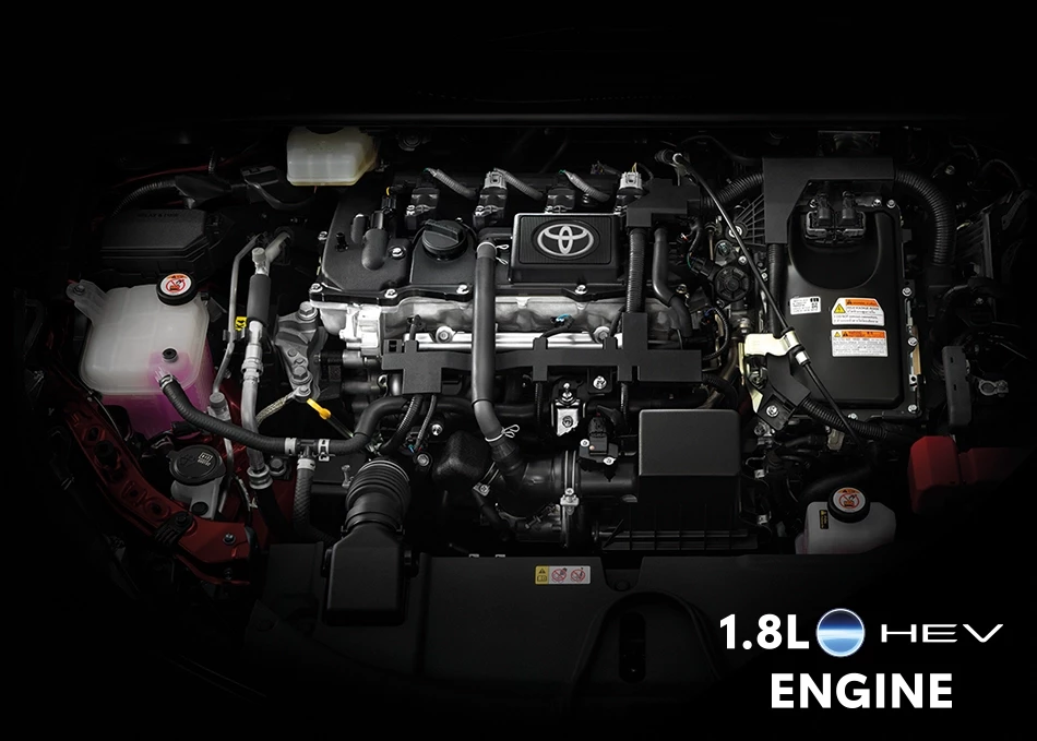 Corolla Altis: 1.8-liter 4-cylinder inline DOHC 16-valve engine with VVT-i (2ZR-FXE), Lithium-ion hybrid battery, and E-CVT automatic transmission