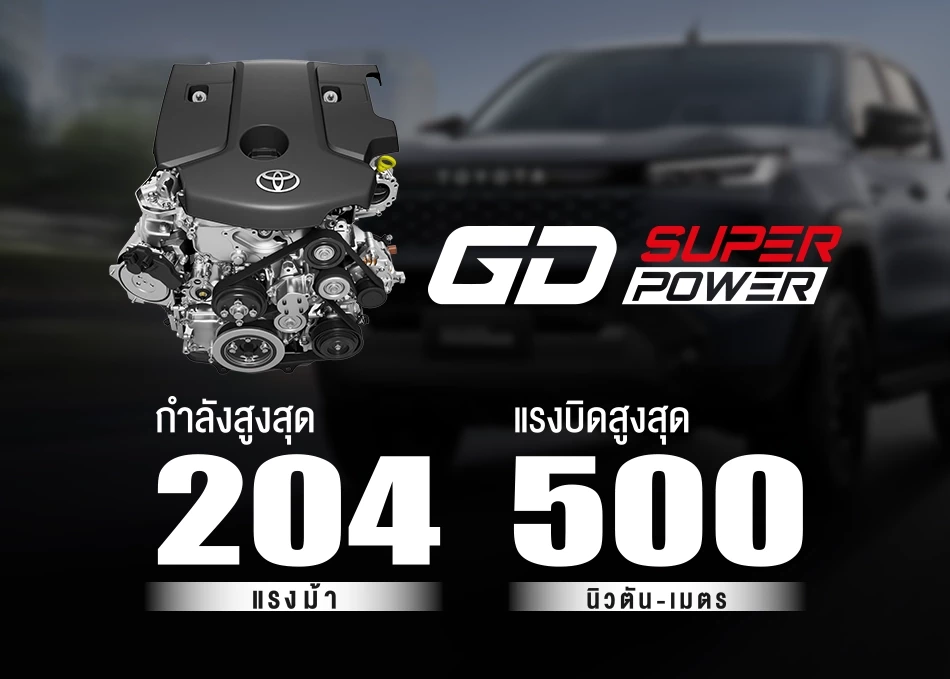 Hilux Travo Prerunner & 4TREX: GD SUPER POWER 2.8-Liter Engine
Delivers both power and improved fuel efficiency, meeting the needs of those who demand a pickup truck full of performance.