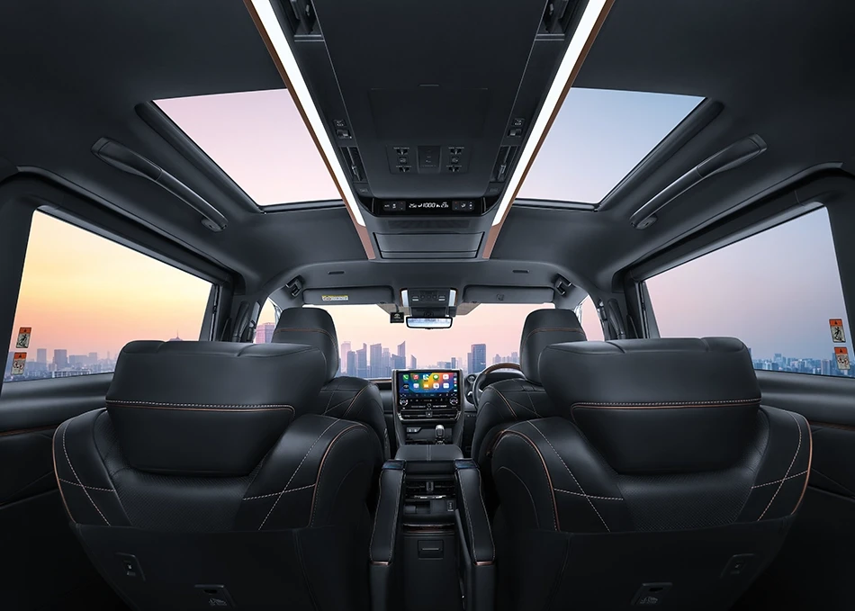 Alphard: Twin Moonroof with power sunshades and 64-color customizable ambient cabin lighting.
