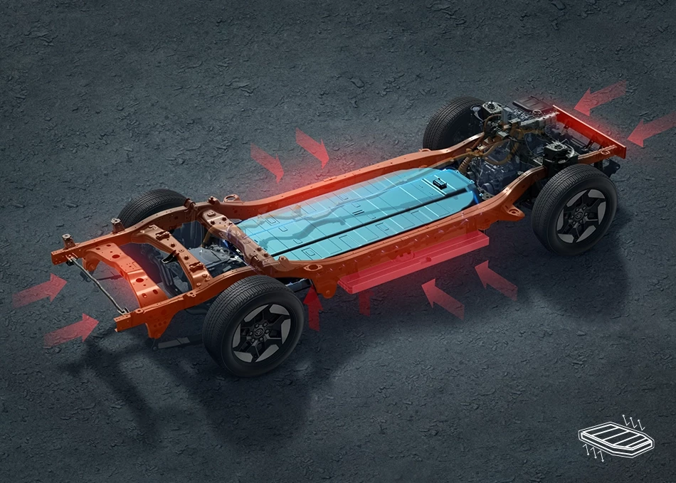 Hilux Travo-e: Enhances safety from all-around impacts
through an impact-absorbing structure.