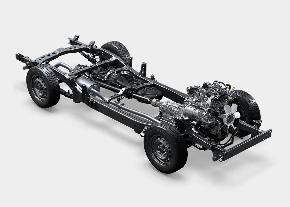 Hilux Champ: Extremely strong chassis structure with a large cross-section, made from high-strength steel. Stable on both straight roads and curves, ready for any terrain.