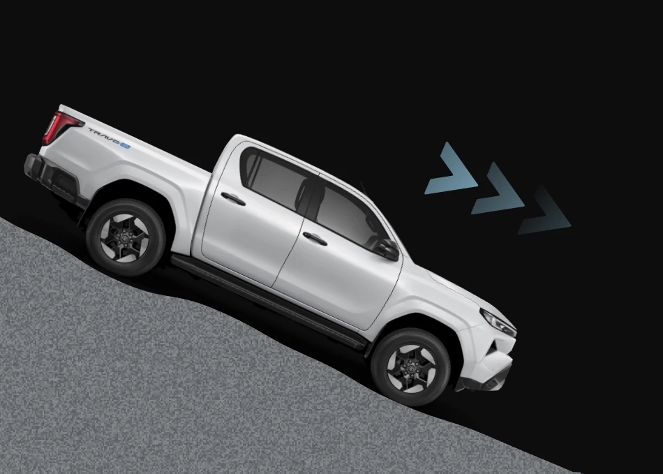Hilux Travo-e: Downhill Assist Control (DAC)* ระบบควบคุมความเร็วขณะลงทางลาดชันระบบช่วยควบคุม และช่วยป้องกันไม่ให้รถวิ่งเร็วเกินไปขณะขับลงทางลาดชัน
