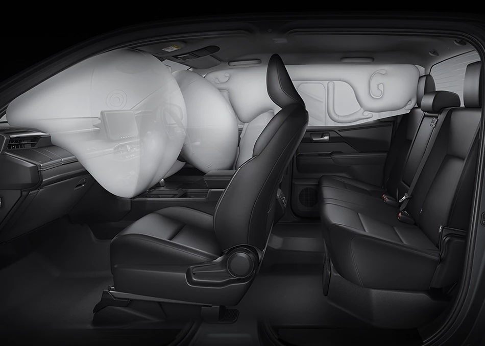 Hilux Travo Overland: SRS airbags: Front dual airbags / Front side airbags / Side curtain airbags / Driver’s knee airbag.