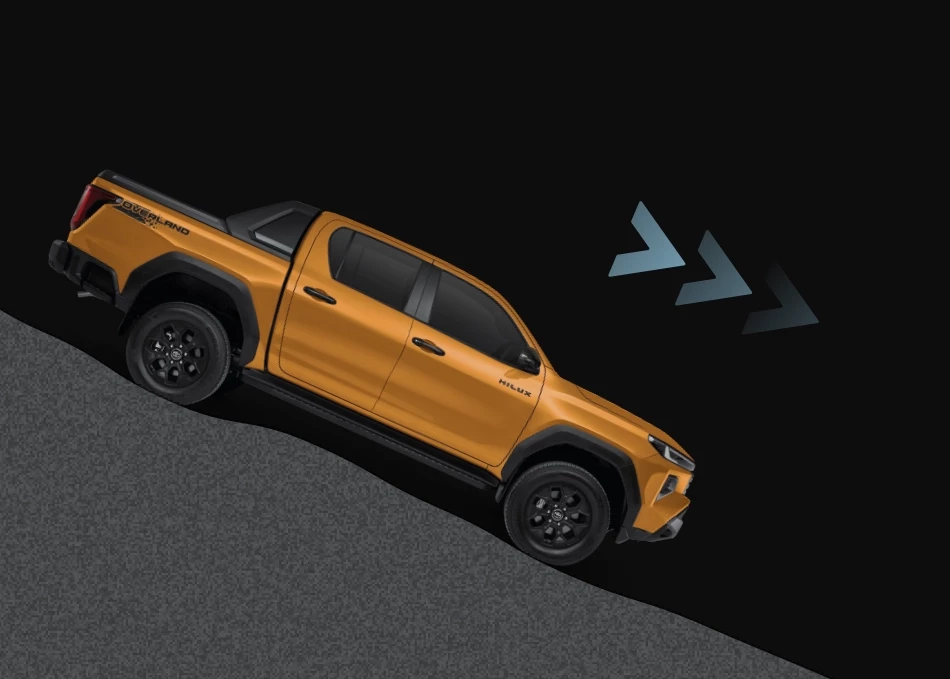 Hilux Travo Overland: Downhill Assist Control (DAC)* ระบบควบคุมความเร็ว ขณะลงทางลาดชันระบบช่วยควบคุม และช่วยป้องกันไม่ให้รถวิ่งเร็วเกินไปขณะขับลงทางลาดชัน