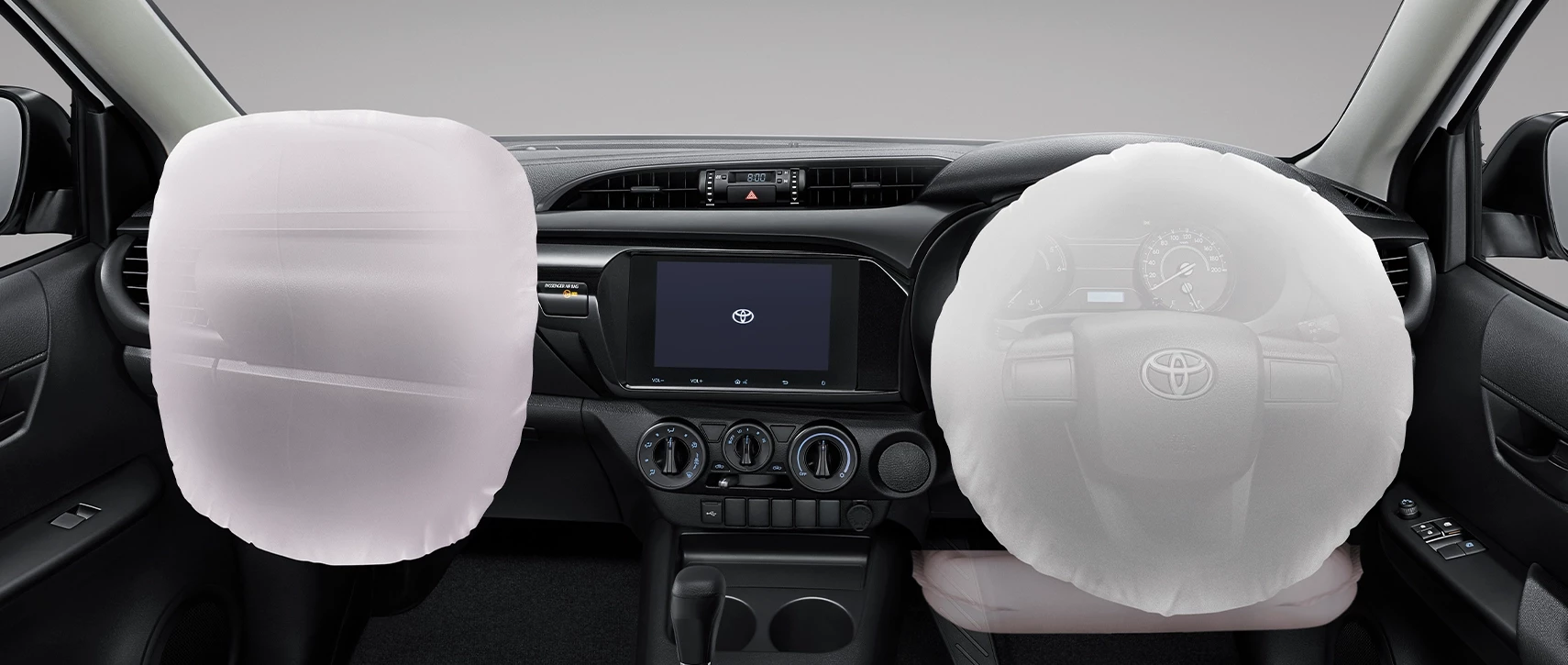 Hilux Revo Standard Cab: ถุงลมเสริมความปลอดภัย 3 ตำแหน่ง
ด้านหน้า 2 ตำแหน่ง / เข่าคนขับ 1 ตำแหน่ง