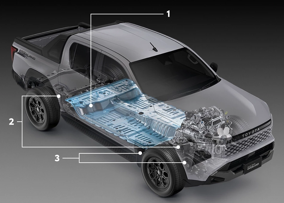 Hilux Travo Overland: Additional body frame connection points to reinforce the cabin structure, improve stability, and enhance ride comfort. | Suspension system that is smooth, firm, and grips the road. | Hydraulic engine mounts and shear-type body mounts to reduce vibrations transmitted to the cabin