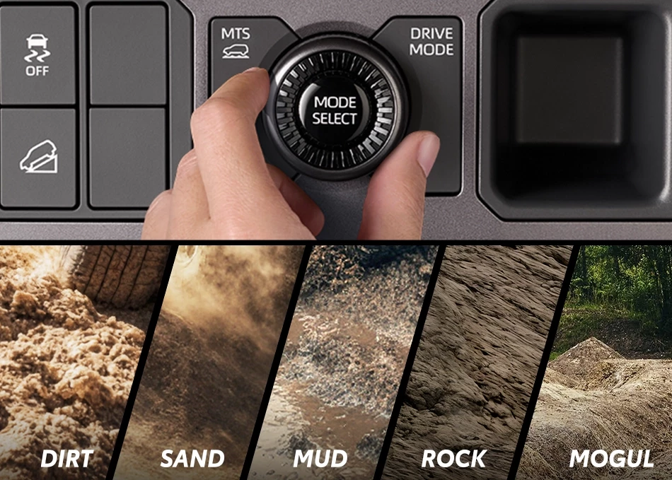 Hilux Travo-e: MTS (Multi-Terrain Select) ช่วยปรับการขับขี่ให้เหมาะสมกับสภาพพื้นผิวที่หลากหลาย ลุยได้มั่นใจทุกเส้นทางออฟโรด ทั้งแบบ ดิน, ทราย, โคลน, หิน และเนินสลับ